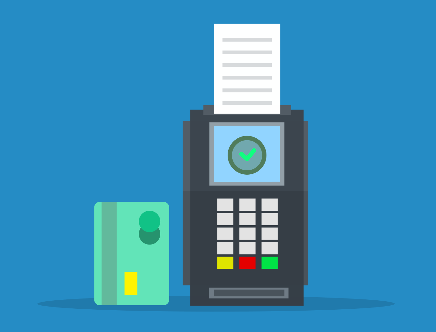 An image of a credit card next to POS systems to process payments