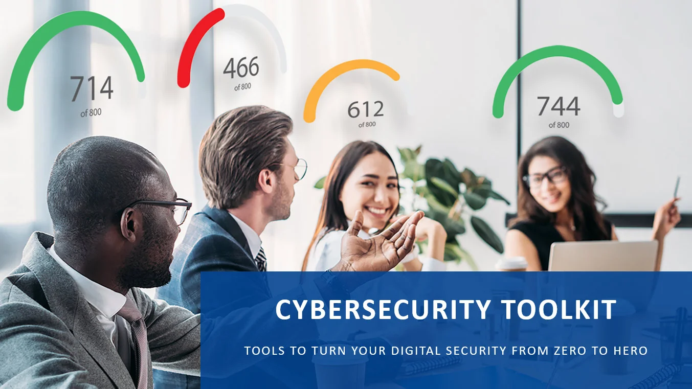 Image depicts four people in a meeting with various numbers above their heads indicating their vulnerability to cyber attacks and their need to invest in a Cybersecurity Toolkit
