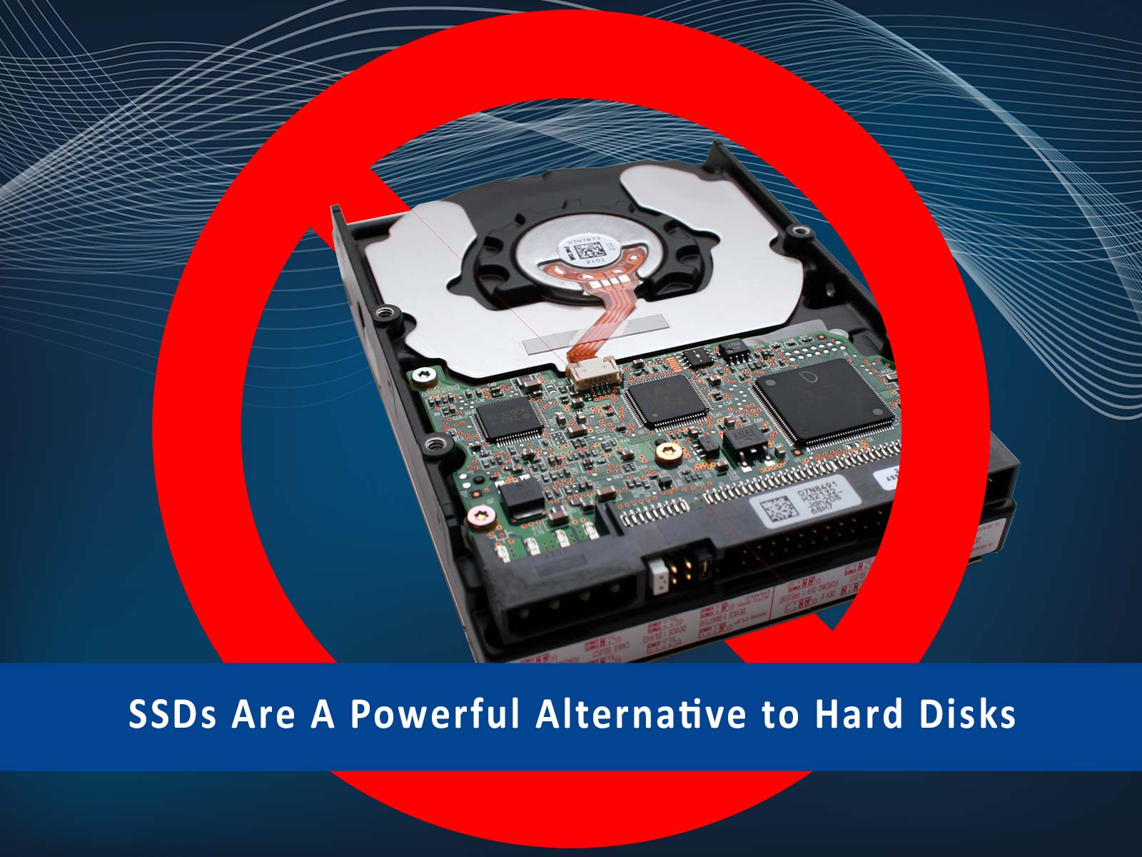 A picture of a solid state drive (SSD) with a red ban symbol over it, highlighting the post describing how ssds can improve the performance of PCs.